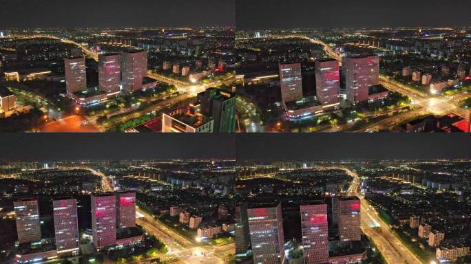 扬州西区华城科技广场快速路夜景灯光航拍