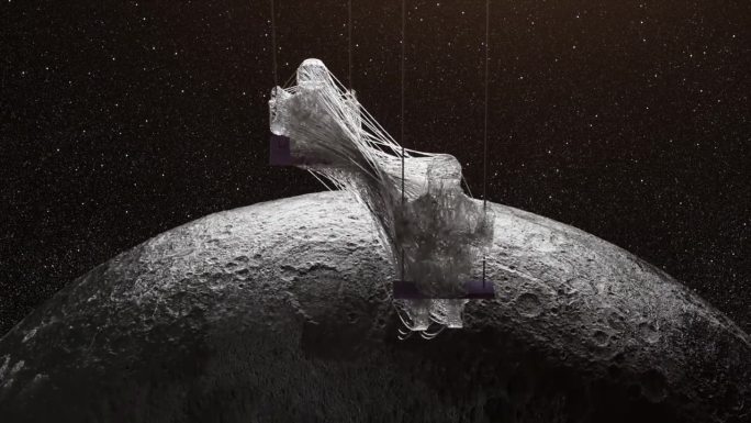 太空中的宇航员在由透明的粘性物质束缚的跷跷板上来回摇摆。纳米技术。月球。口香糖