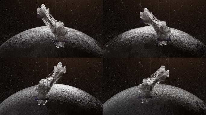 太空中的宇航员在由透明的粘性物质束缚的跷跷板上来回摇摆。纳米技术。月球。口香糖