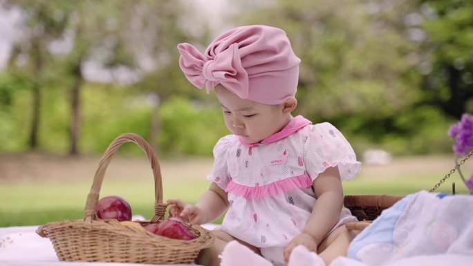 开朗可爱的小女孩坐在篮子里的苹果水果，独自在公园里玩耍。