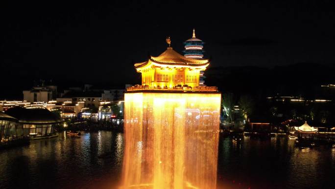 江西上饶婺女洲水灯塔夜景航拍