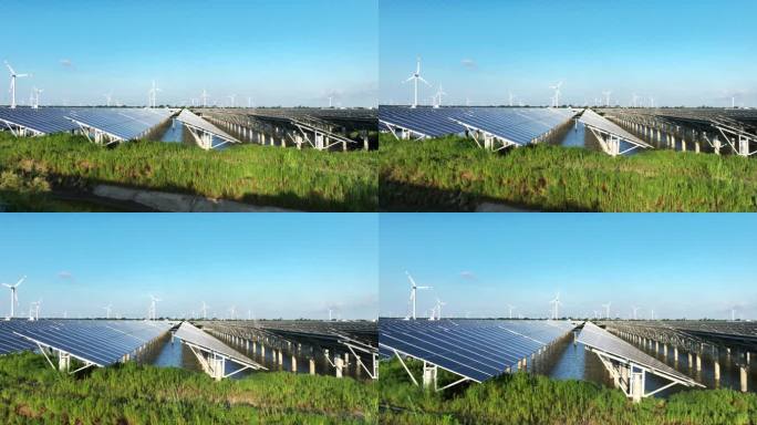 太阳能光伏发电站风能发电场风车航拍