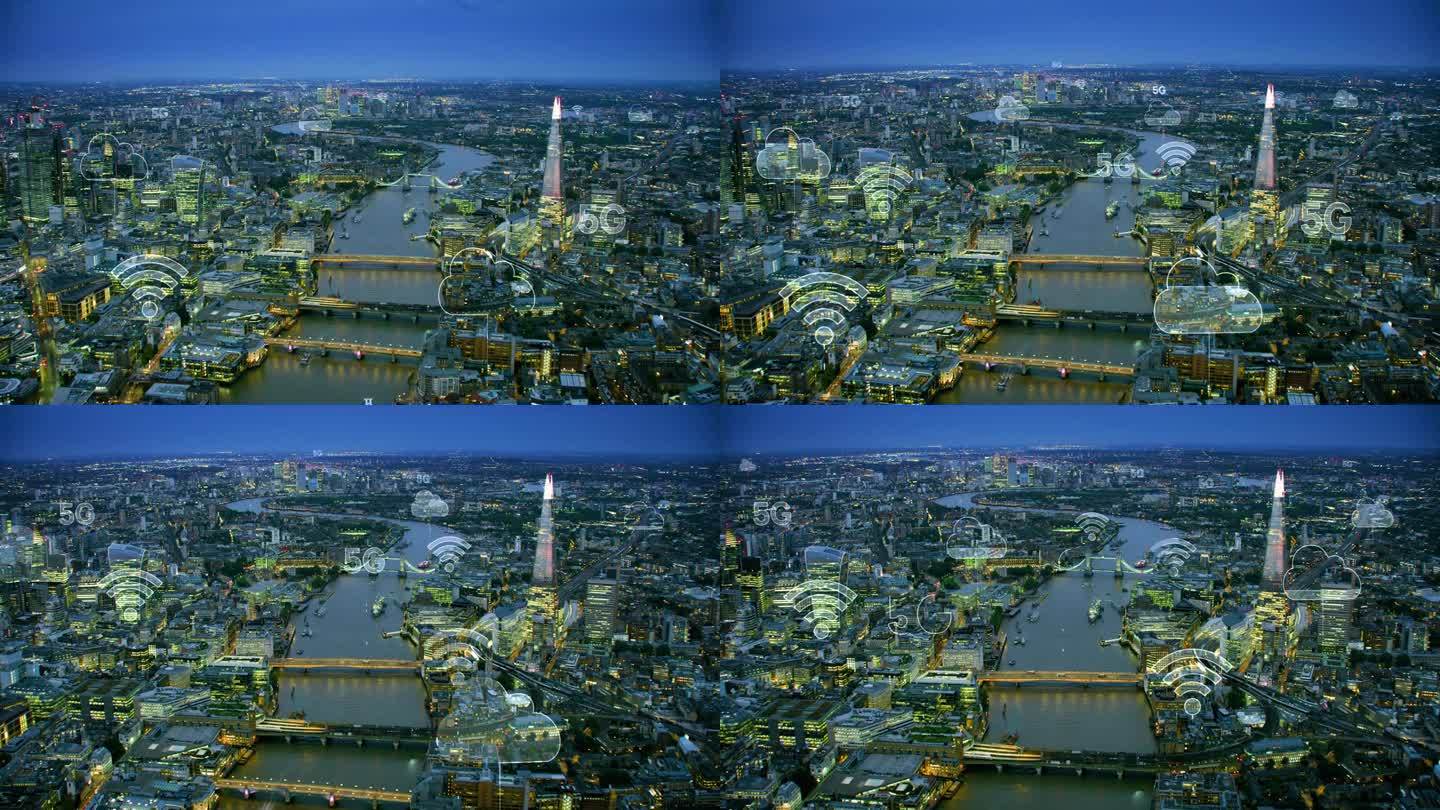 通过5G连接的空中城市。无线网络、移动技术概念、数据通信、云计算、人工智能、物联网。未来的城市。伦敦