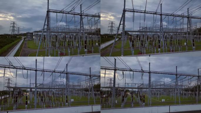 傍晚航拍变电站高压线500千伏