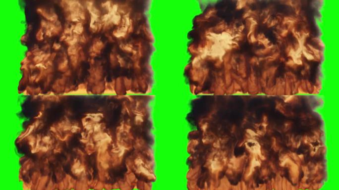 火和烟构成的墙。绿色背景上的火焰和烟雾。火焰冒黑烟的慢动作动画
