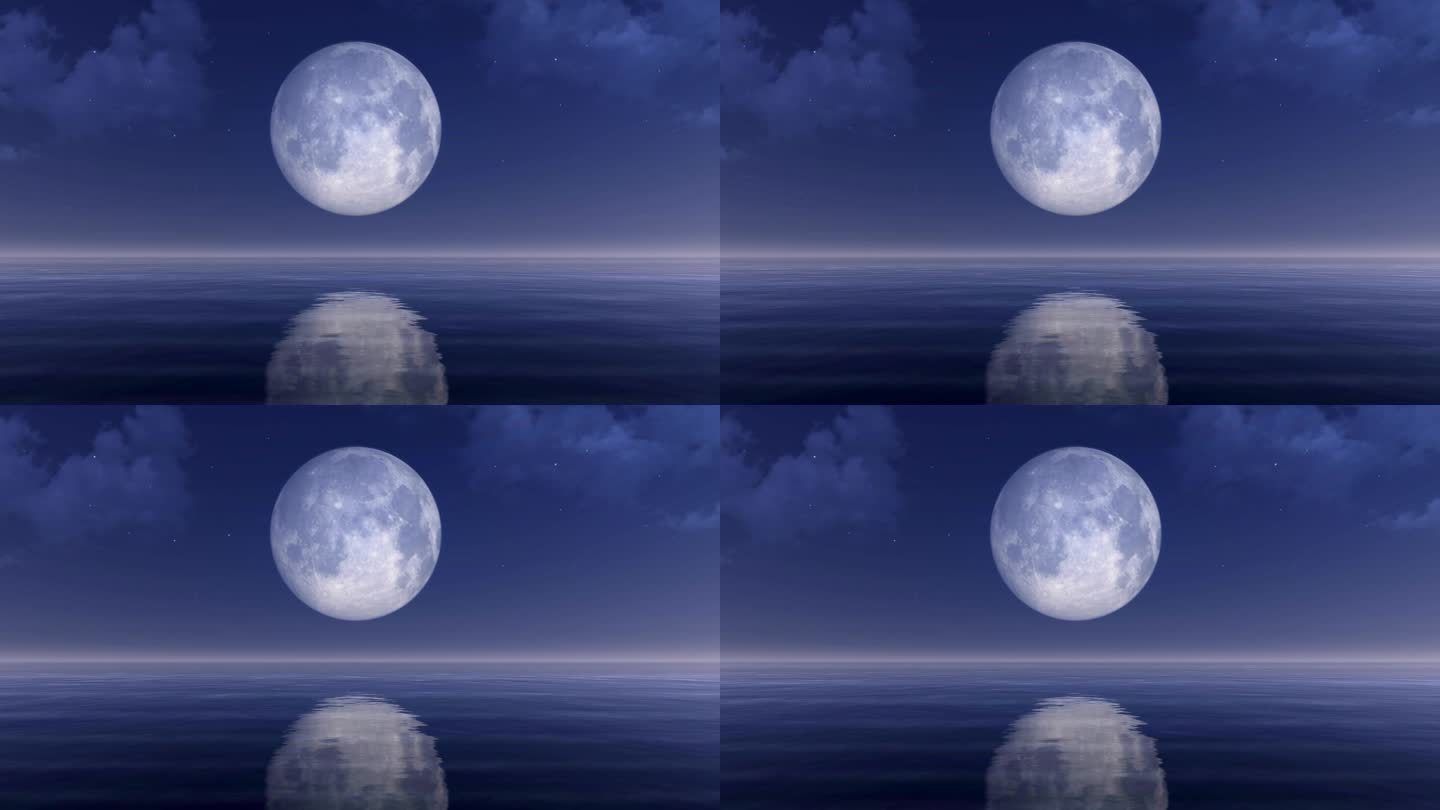 大满月在多云的夜空映在镜面上