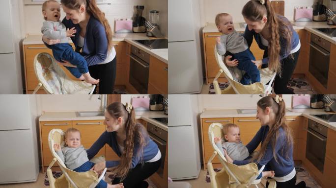 当妈妈让小男孩坐在厨房的喂食高脚椅上时，他又哭又叫。育儿理念，健康营养和婴儿护理