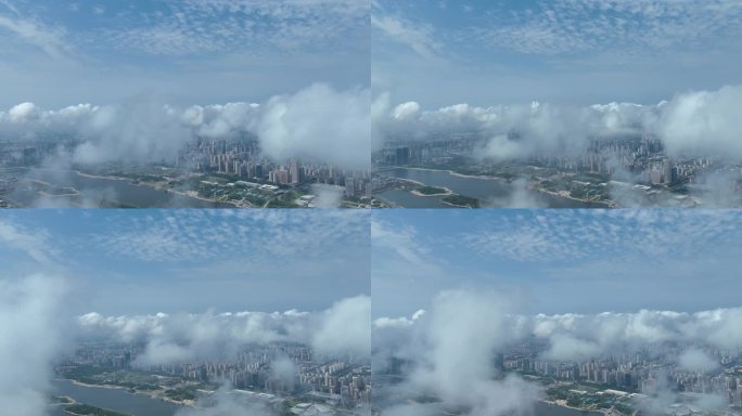 航拍穿云海边城市风光宣传片使用