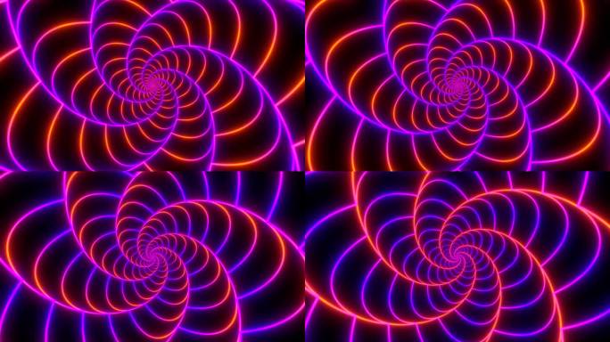 发光的条纹螺旋。抽象的背景在橙色，红色和紫色霓虹辉光的颜色。