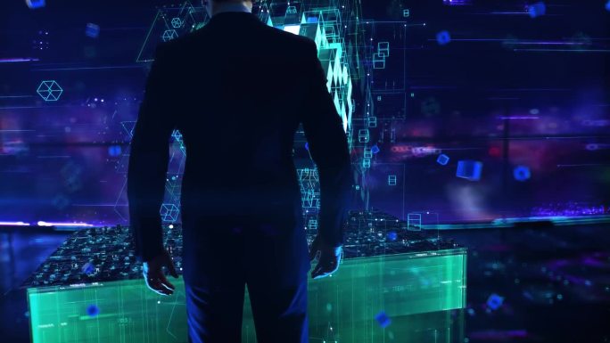 量子霸权——在办公室使用虚拟现实的商人。