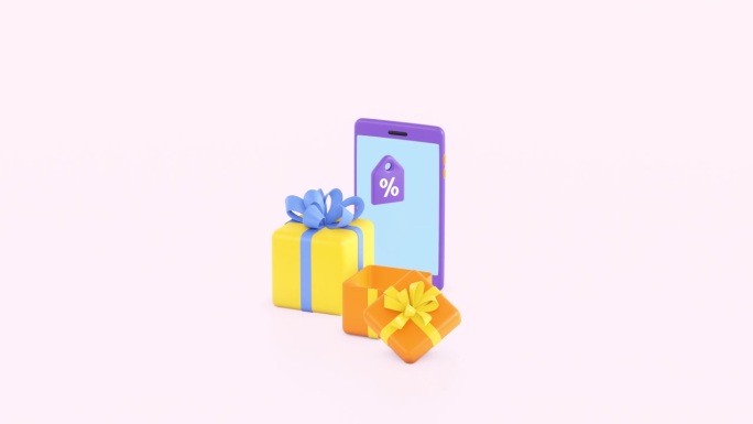 智能手机和礼物盒弹出动画，3d渲染。礼品赠送，移动营销，赚取奖品，奖金或奖励从商店，销售。在线现在。