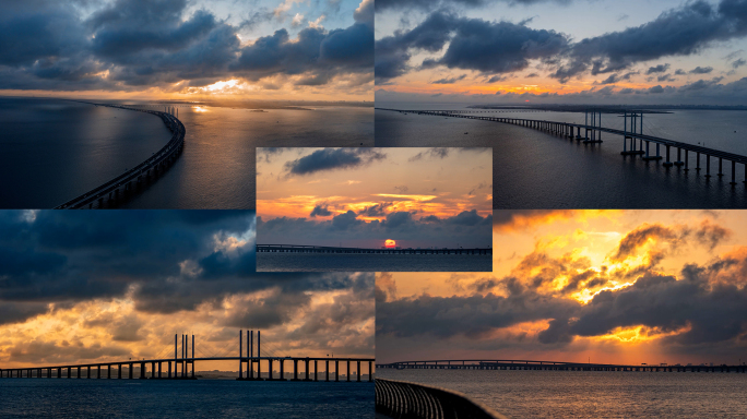 青岛胶州湾跨海大桥航拍延时夕阳日落4k