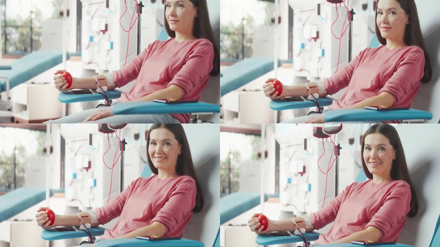 白人妇女在医院为有需要的人献血。女献血者挤压心形球泵血。对着镜头微笑。捐赠给有妊娠并发症的妇女。
