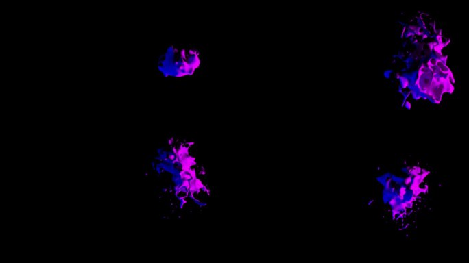 在孤立的黑色背景上，以紫色和蓝色渐变的小球或气泡粒子为基础，三维渲染爆炸过程中的三维球的抽象艺术视频