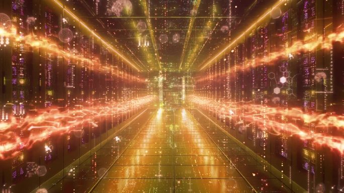 照明粒子与数据中心服务器室未来的动画背景