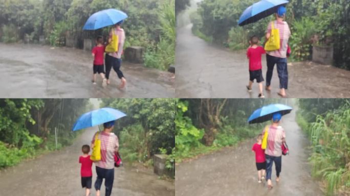 奶奶送学生上学送学生雨中行走的小孩学生