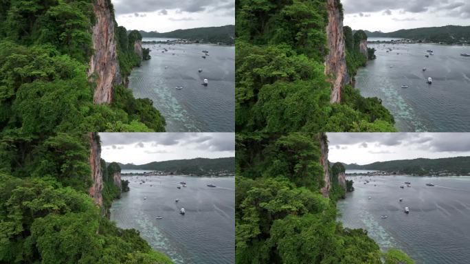 泰国皮皮岛屿海滨快艇自然风光航拍