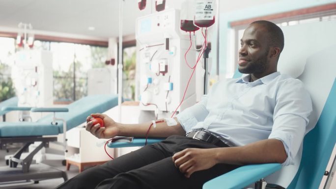 黑人企业家在光明医院为有需要的人献血。男性献血者挤压心形红球，将血液通过管道泵入袋中。为烧伤病人捐款