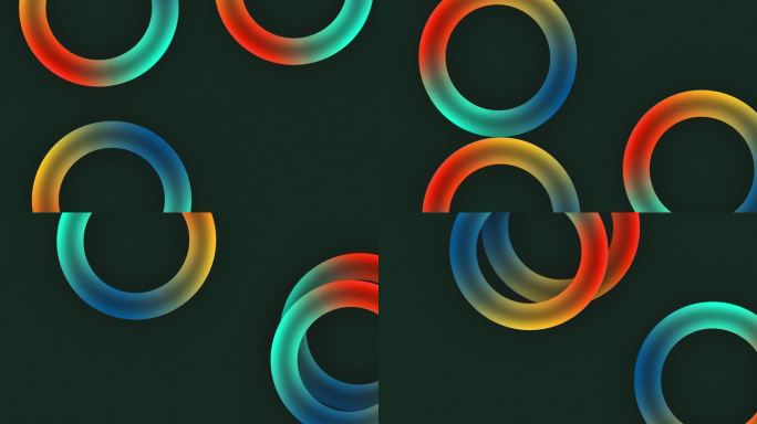 彩色的圆圈或圆环在绿色的背景下滚动，动画化，动感十足。