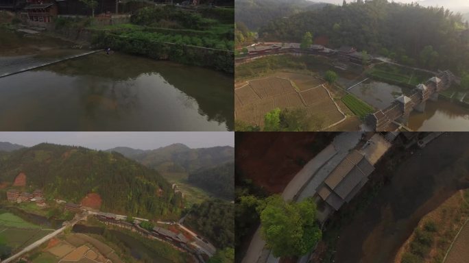 C广西三江程阳桥河道4K航拍视频