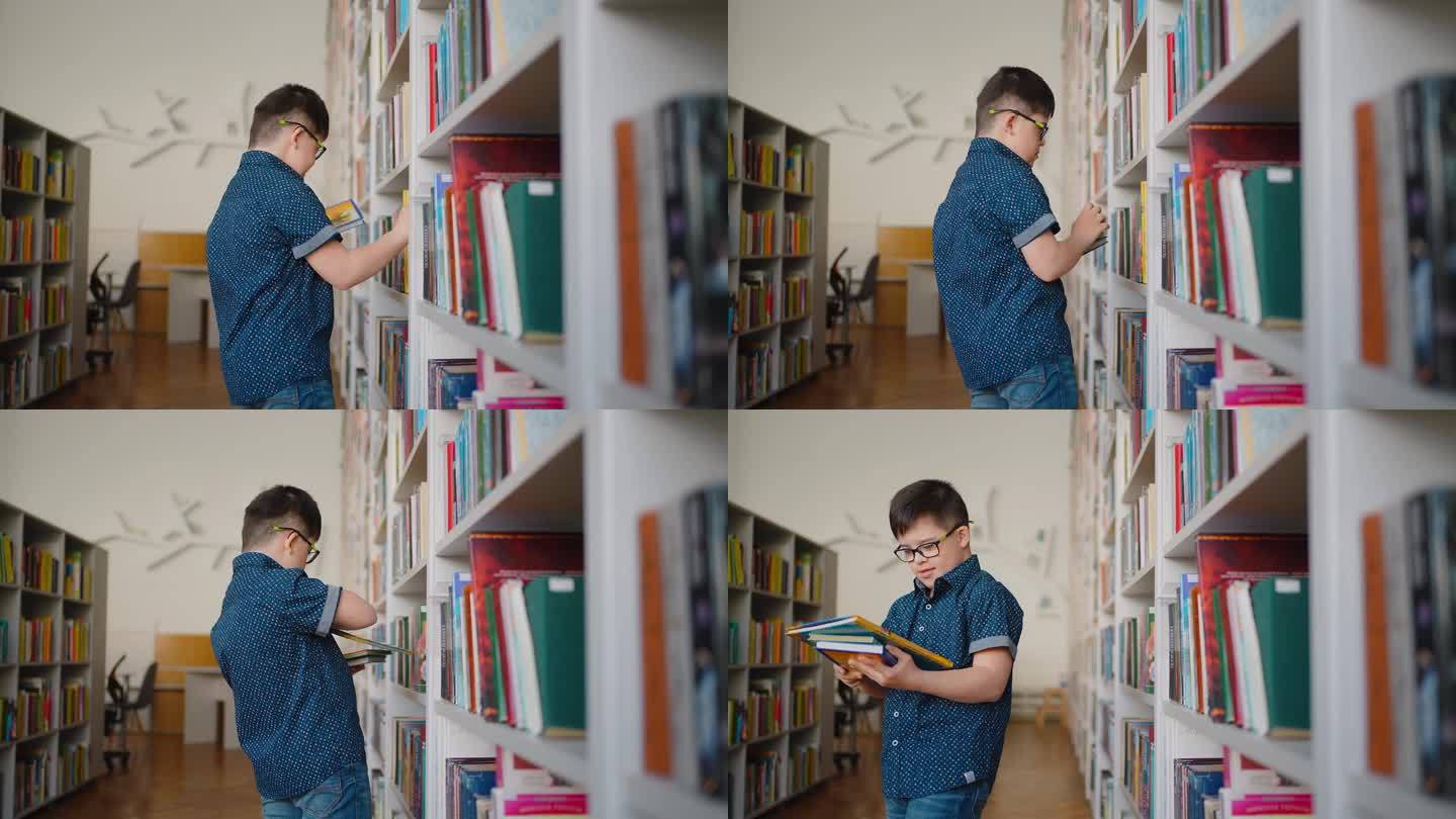 患有唐氏综合症的男孩在图书馆的书架上挑选书。社会融合