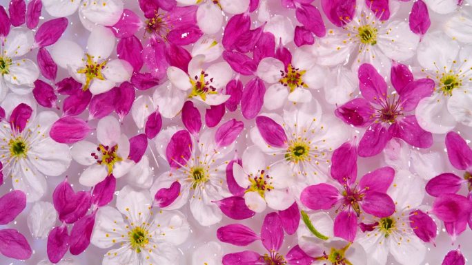 白色的樱花和红色的海棠花在水面上移动，作为化妆品行业和广告的自然背景