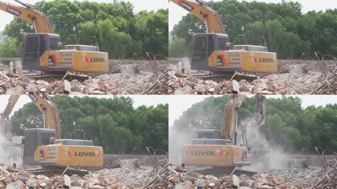 挖掘机在拆除建筑垃圾