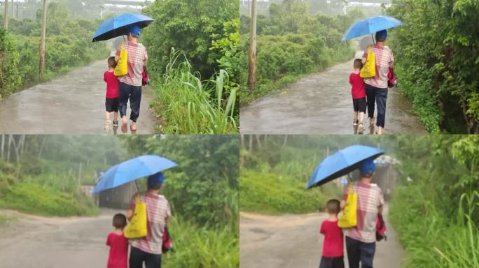 雨中接送学生上下学雨中学生母亲为我打伞
