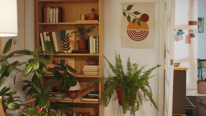 客厅内部有复古海报，植物，书架上的书和灯