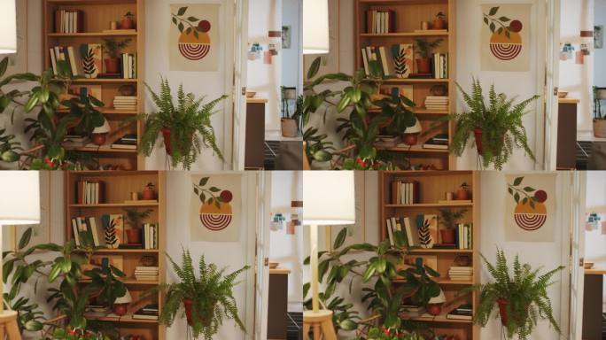 客厅内部有复古海报，植物，书架上的书和灯
