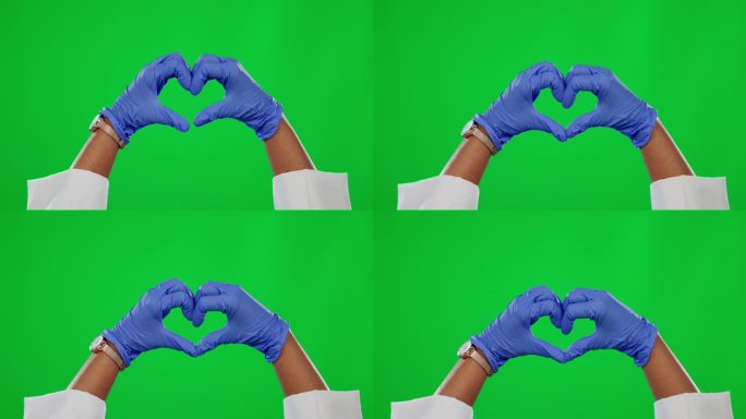 手，心和医疗与医生在绿色屏幕背景，以促进健康或保健。医疗保健，顾问和表情符号与医学专业人士在chro