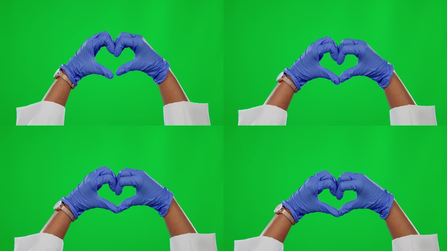 手，心和医疗与医生在绿色屏幕背景，以促进健康或保健。医疗保健，顾问和表情符号与医学专业人士在chro