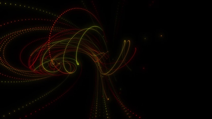黑色背景上的多色旋转粒子轨迹。带电粒子在磁场中通过的抽象动画。
