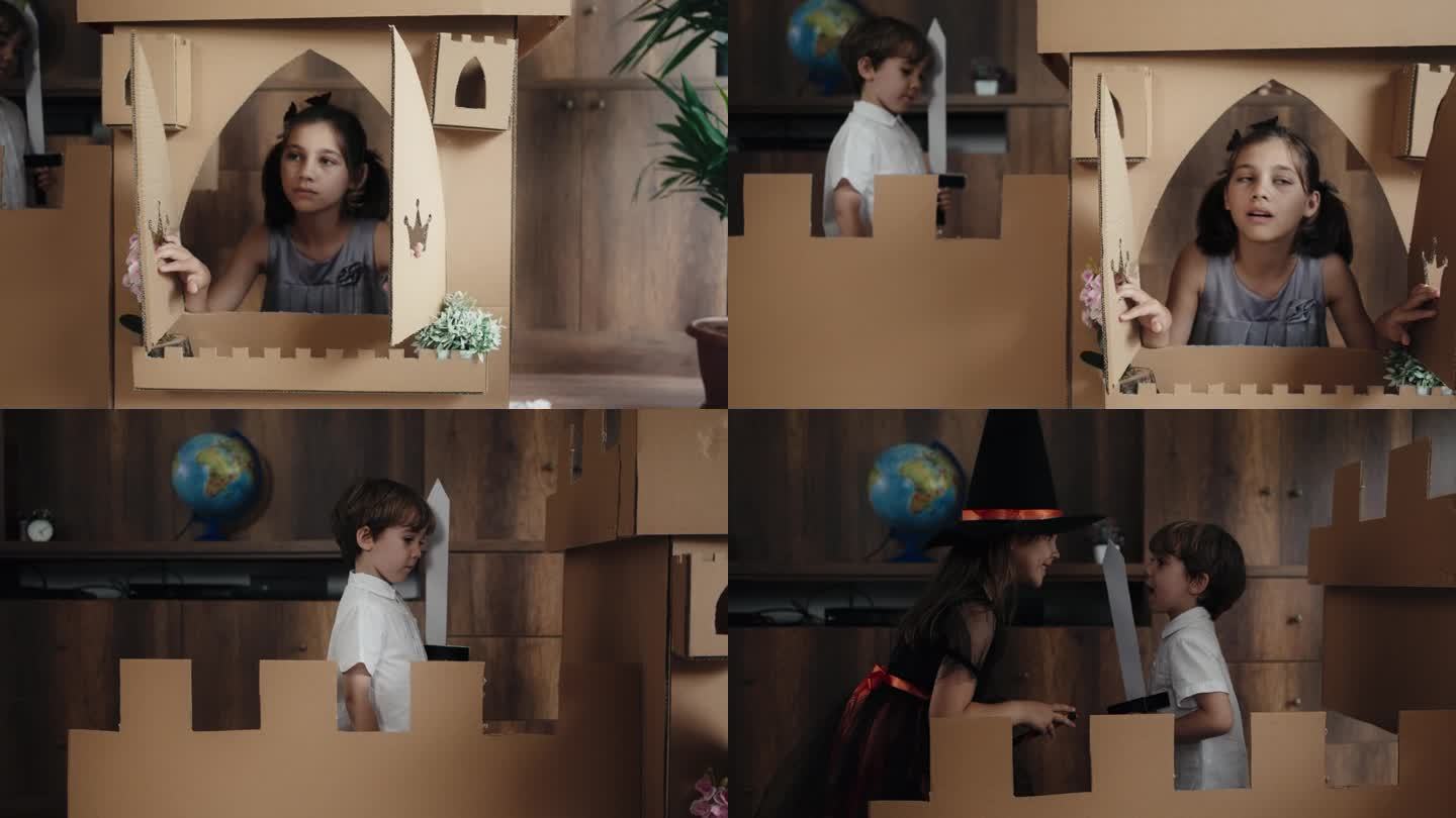 公主，王子和女巫在家里用纸板做的城堡玩角色扮演游戏