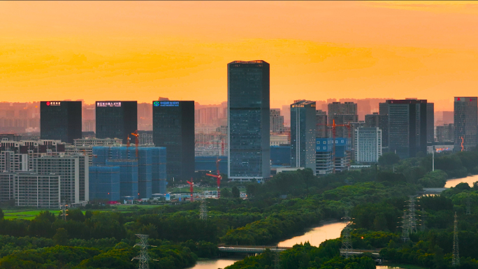 嘉兴市区中轴线商务CBD夕阳航拍