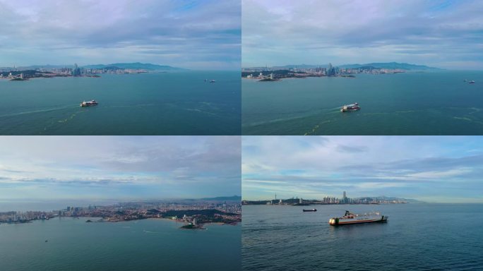 青岛航拍海岸线胶州湾城市全景货轮游轮4k