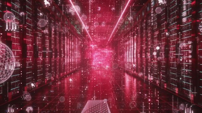 发光粒子与红色数据云中心未来的动画背景