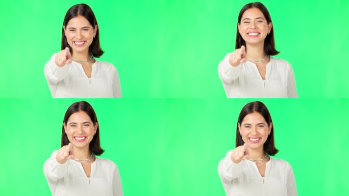 脸，指向你和女人的绿屏，微笑和成功的影楼背景。肖像，女性或人与手势的空间，显示与手指或启发与幸福或动