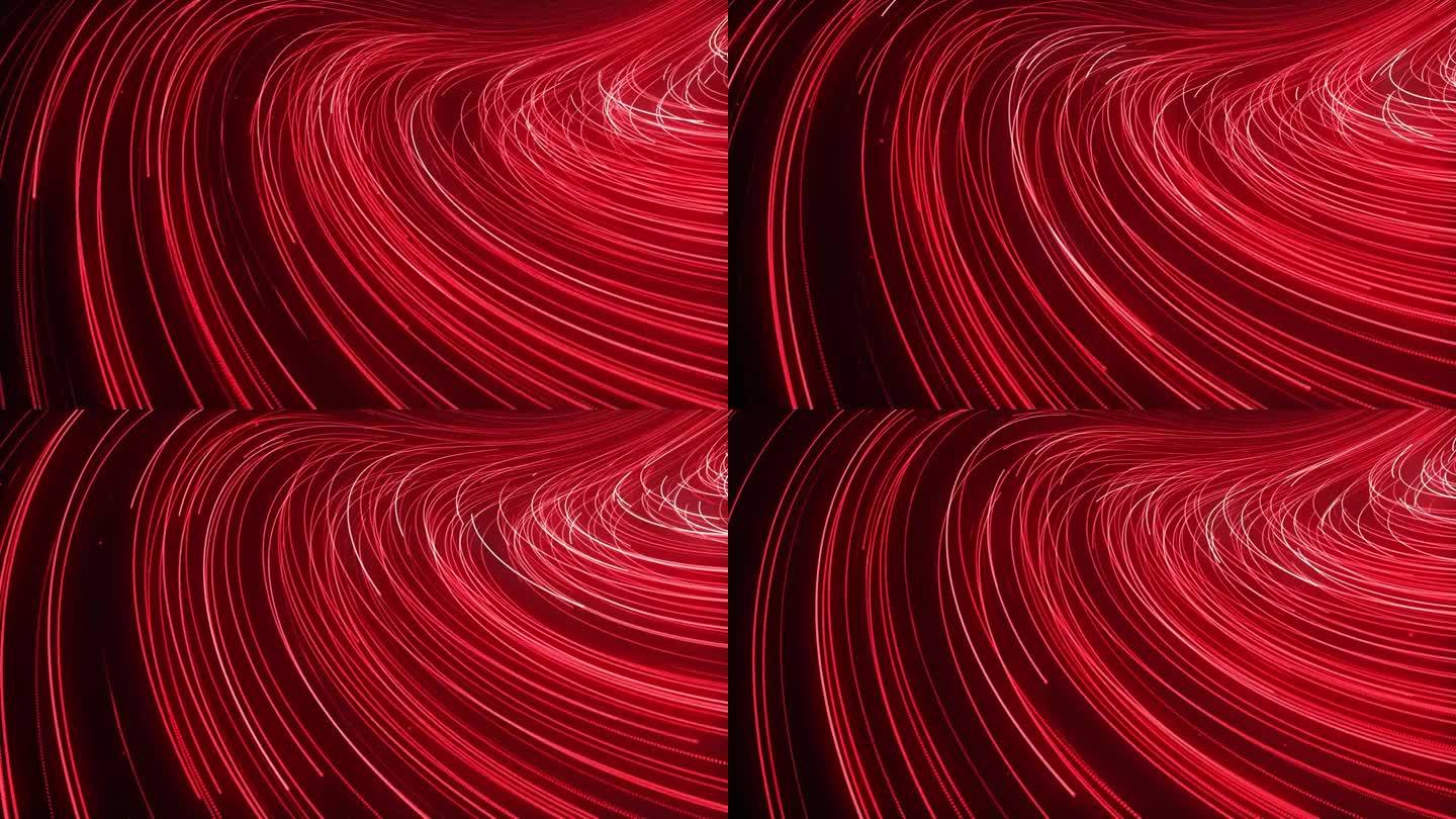 流畅的红色明快线条动态动画设计。漂浮的发光粒子跟踪背景环。创意流点痕迹无缝背景。