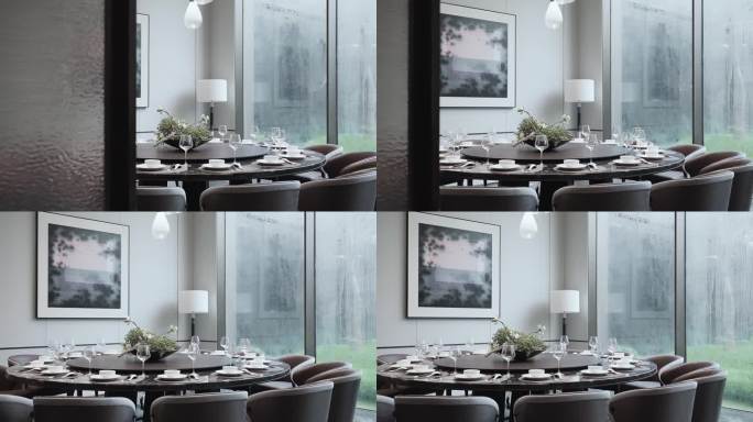 新中式餐厅内餐桌大圆桌和餐具