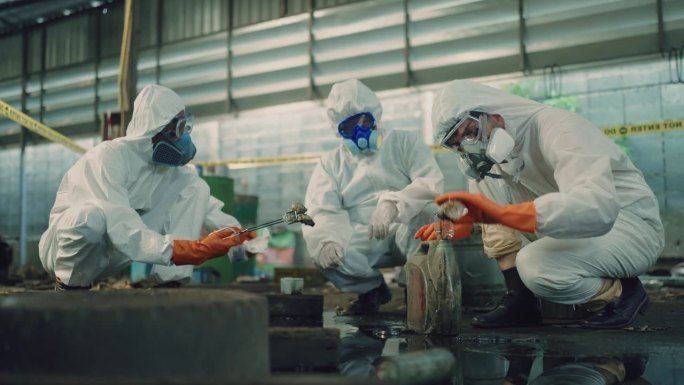 一组科学家在防护工作服的探索和取样分析。科学家在受感染的工厂区域采集有害生物样本。