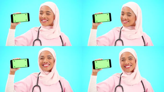 手机，绿色屏幕和女医生隔离在蓝色背景的医疗跟踪标记和模型空间。护士或穆斯林的脸与医疗移动应用程序的广