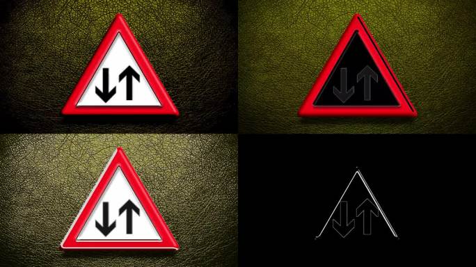 黑色背景上闪烁的“双车道交通”标志、标志、标记或警告的动画