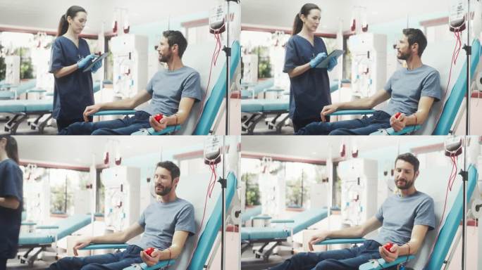 白人男子在光明医院为有需要的人献血。女护士带着平板电脑进来检查供体的进展和健康状况。捐赠给心脏手术患
