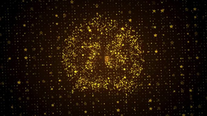 豪华动态视图金色闪亮快乐75周年标志显示在金棕色闪烁的星星形状颗粒闪闪发光的图案