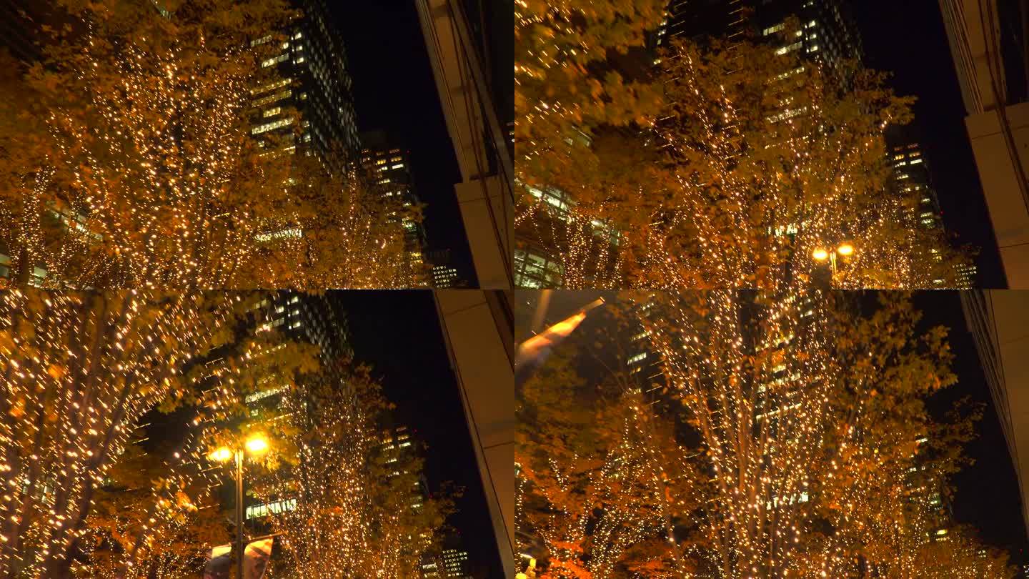 东京丸内圣诞彩灯夜景灯火车流金融中心城市