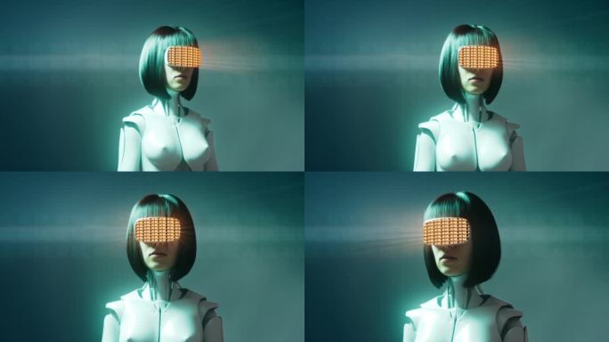 一个戴着VR眼镜的半机械人女孩的肖像，上面有“AI ML”的霓虹灯字样。