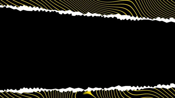 抽象的黄黑垂直条纹视错觉波形图案背景，中间有额外的撕纸和空间