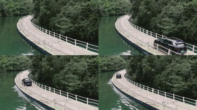湖北恩施狮子关景区水上浮桥汽车开过航拍