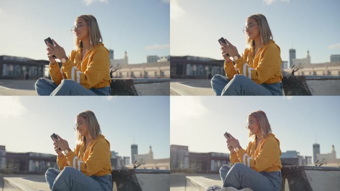 电话，打字和快乐的女人在城市的屋顶上，眼镜和微笑在城市景观放松在社交媒体上。移动应用程序，短信和z世
